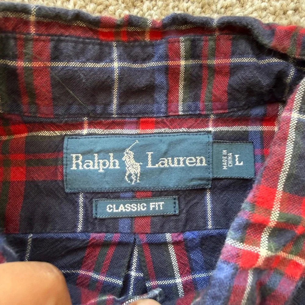 Ralph Lauren Button Down Shirt Mens Large Navy Red Plaid Classic Fit Long Sleeve